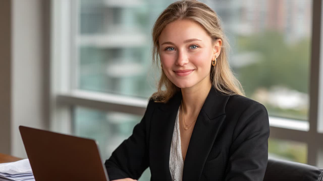 A Young Professional Woman in Business Attire Working on Her Laptop with a Serene Expression, Symbolizing Focus and Productivity in a Modern Office Environment