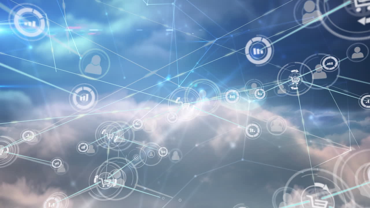 빠르게 움직이는 구름을 통해 데이터를 전송하는 정보 및 쇼핑 아이콘의 네트워크 애니메이션