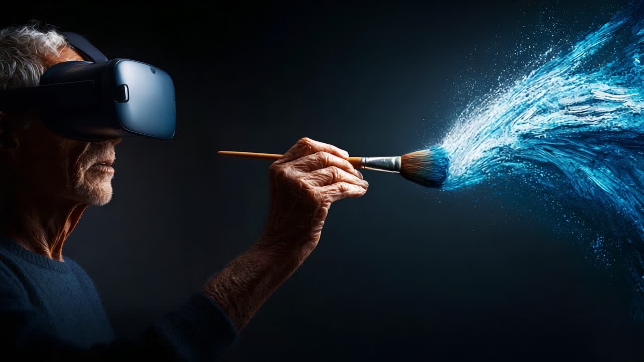 A Creative Journey Through Virtual Reality: An Elderly Artist Wielding a Brush, Breathing Life into Digital Waters with Every Stroke, Transforming Imagination into Interactive Art