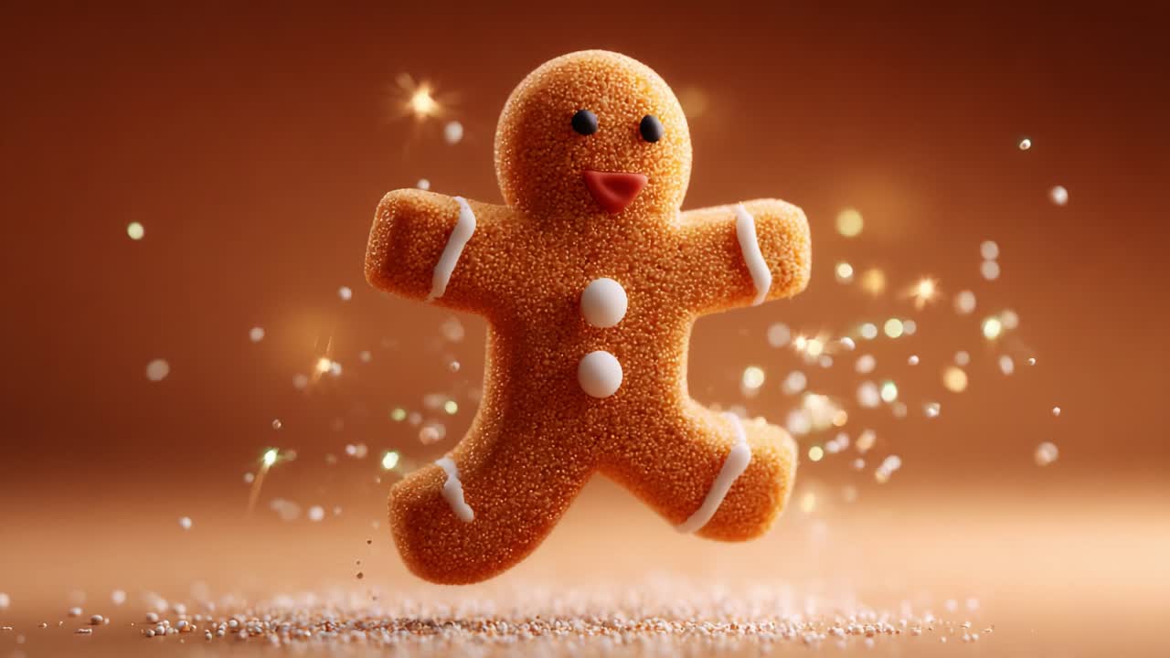 A whimsical and festive gingerbread character jumps joyfully against a sparkling background of soft hues, embodying the spirit of celebration, sweetness, and holiday cheer in its delightful form