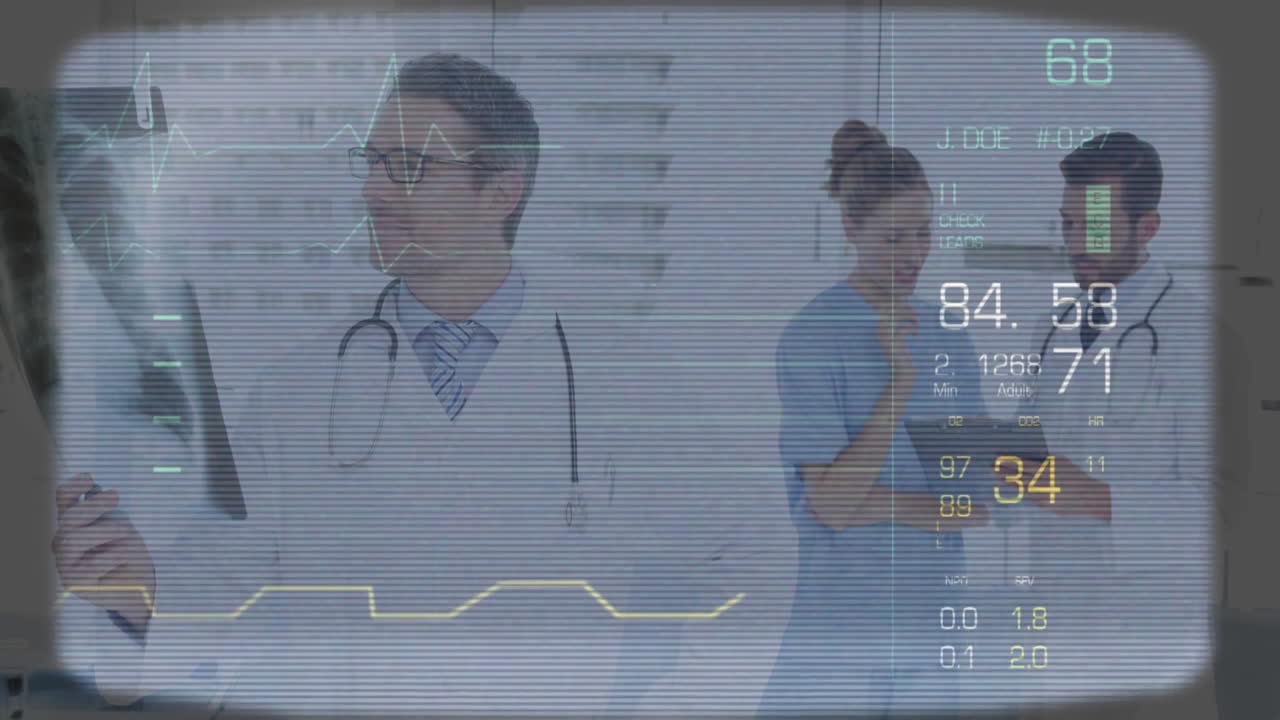 Medical data and vital signs animation over doctors in hospital setting