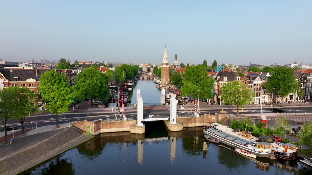 Aerial View of Montelbaanstoren Tower and Canal in Amsterdam