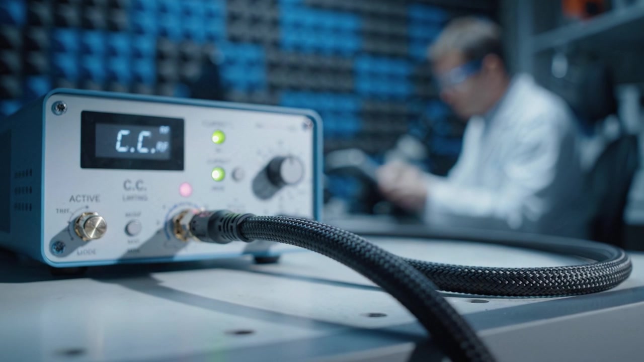 A technician operates a precision electronic device showing various readings while working in a laboratory environment designed for acoustic treatments and signal testing.