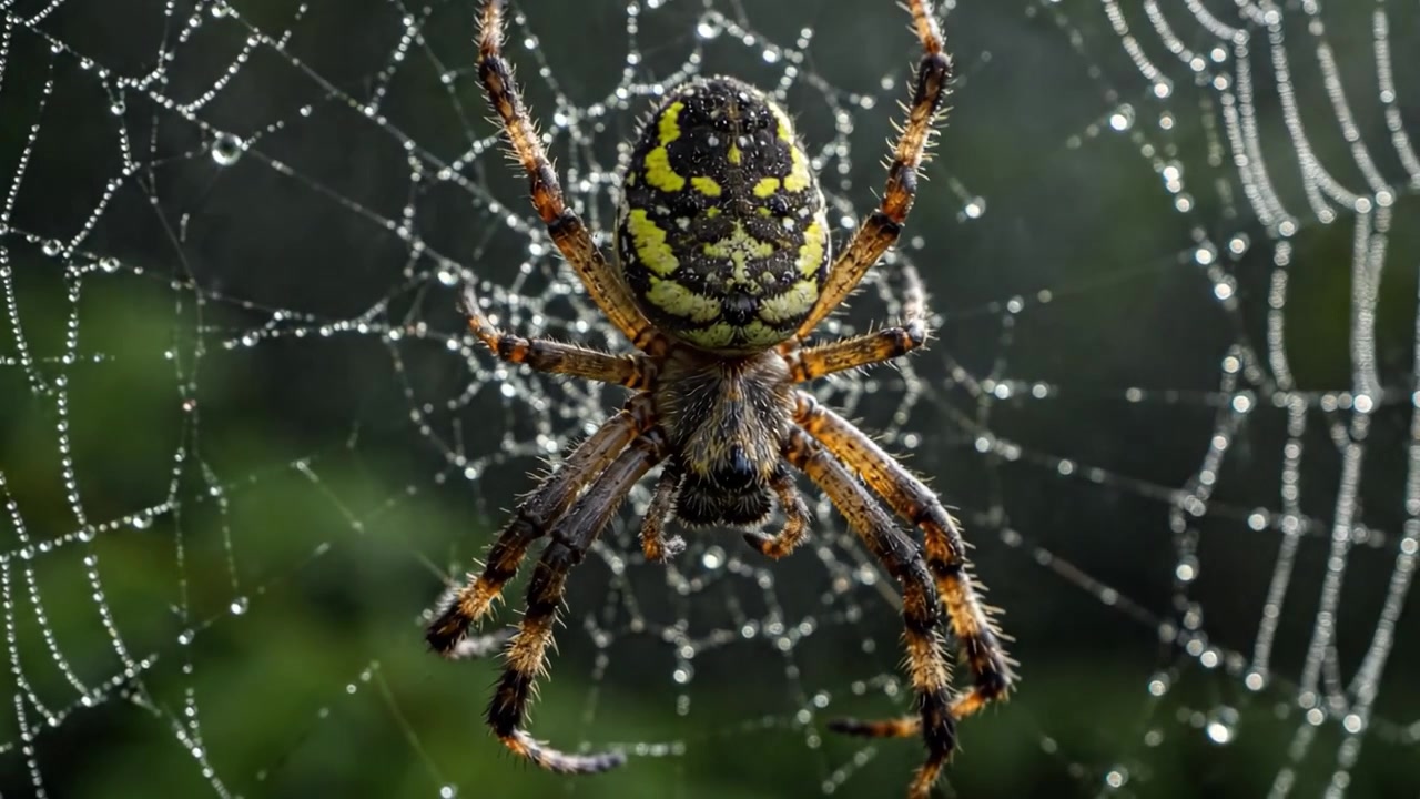 Et fengslende nærbilde av en edderkopp i sitt duggvåte nett, som viser naturens intrikate design og delikate detaljer i morgenlyset