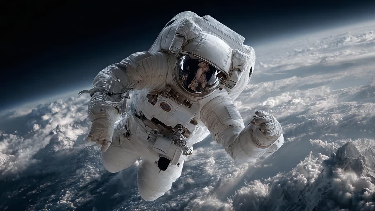 An astronaut performs a spacewalk above Earth, capturing the breathtaking view of clouds and mountains while floating gracefully in the vastness of outer space