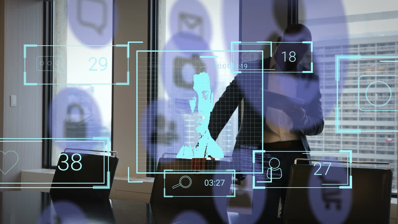 Profile with social media notification counters over african american businessman using tablet pc