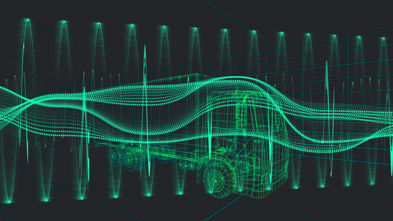 Wireframe semi-truck model glowing in dark 3D grid, with green waveform streams pulsing around