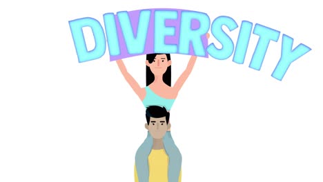 diverse couple with banner on white background, 2d animation