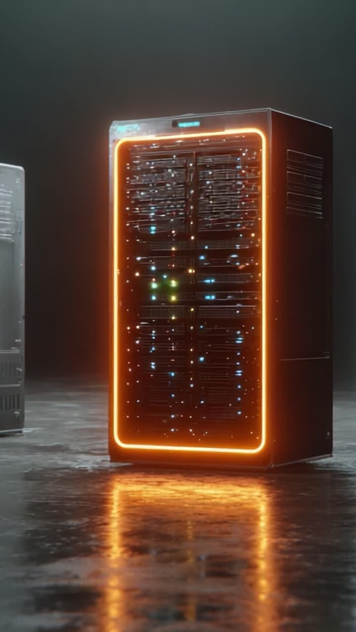 Torre server dati illuminata che mostra tecnologia avanzata e design moderno con elementi LED luminosi, enfatizzando alta capacità e prestazioni in un ambiente futuristico