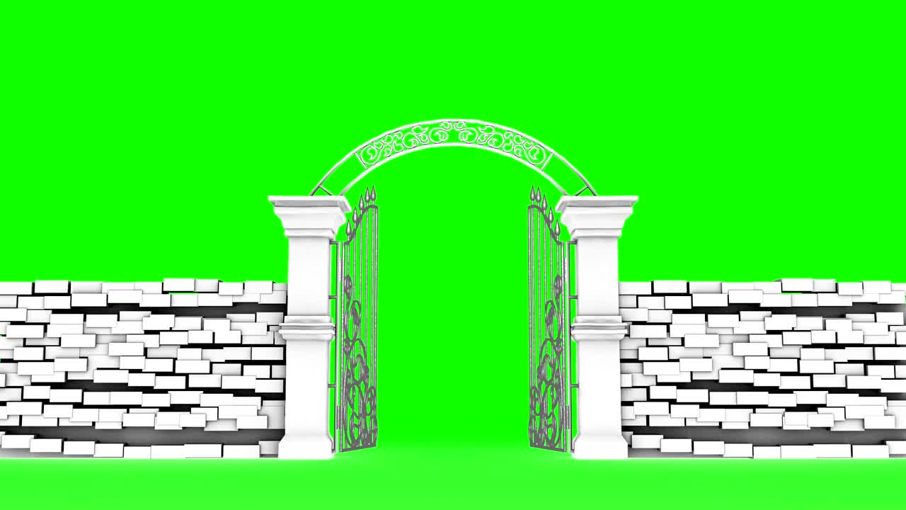 White gates open on green background, 3D animation