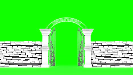 white gates open on green background, 3d animation