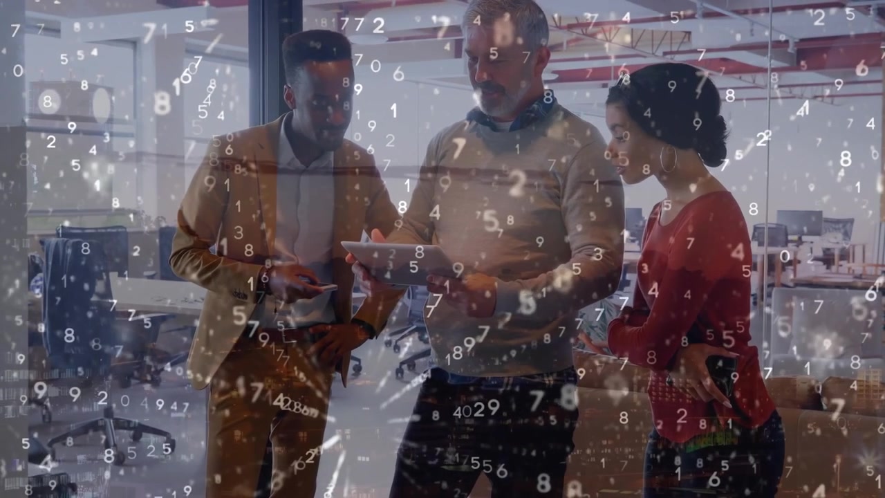 Animation of data processing over diverse business people in office