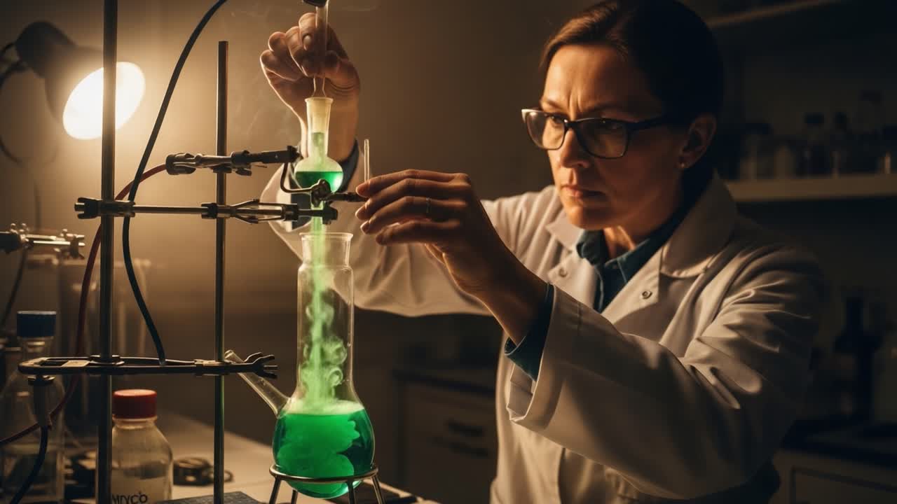Science Experiment in Laboratory: A Focused Chemist Conducts an Intricate Analysis with Vibrant Green Chemicals in Glassware Under Warm Lighting