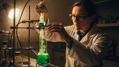 science experiment in laboratory: a focused chemist conducts an intricate analysis with vibrant green chemicals in glassware under warm lighting