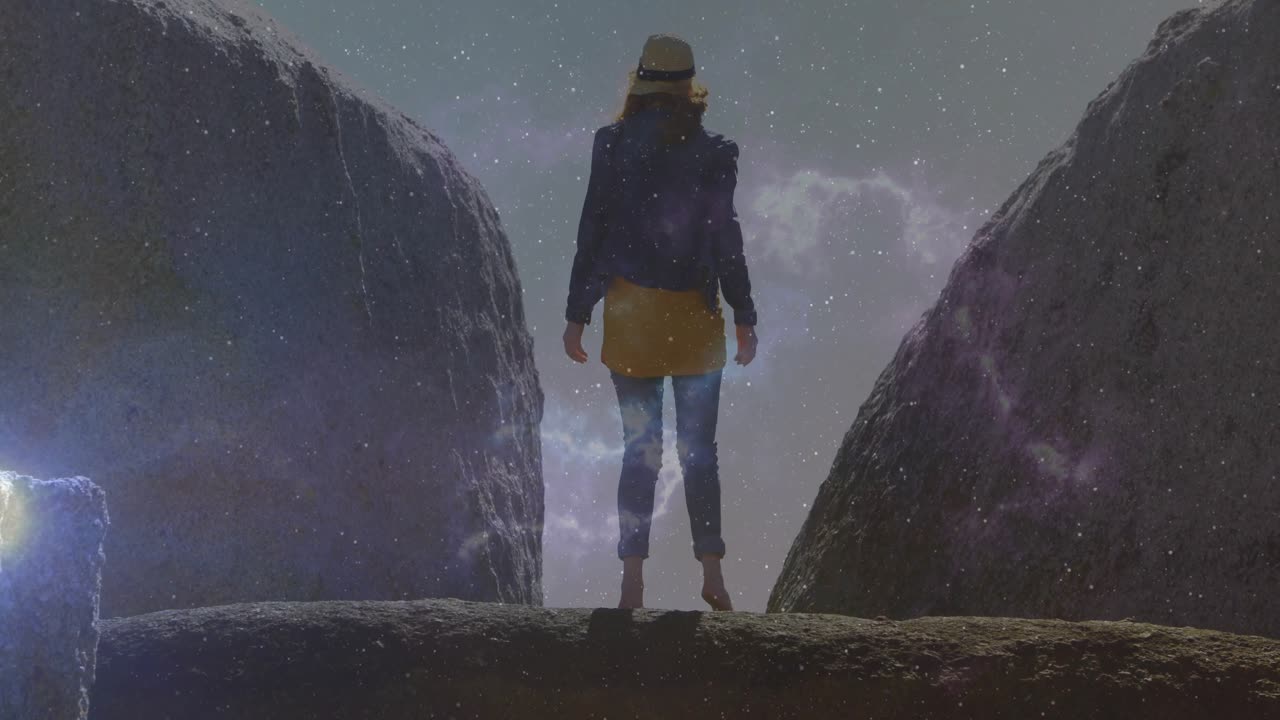 Explorer placing foot onto rocky ridge and activating astronomy overlay revealing constellations