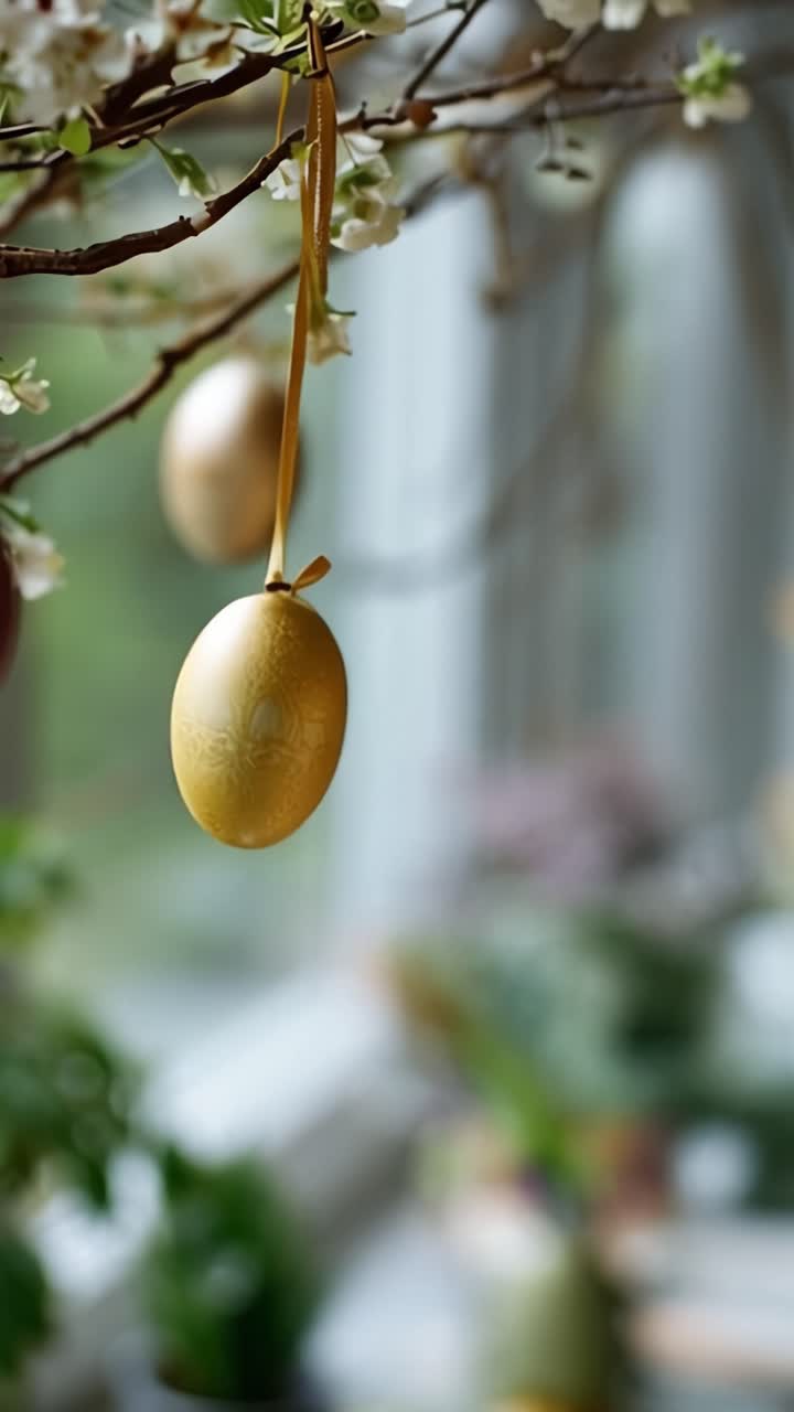 Eine zarte Note: Ein Zuhause schmücken mit wunderschön gefertigten Ostereiern, die von einem blühenden Zweig hängen, in einer ruhigen und festlichen Atmosphäre.