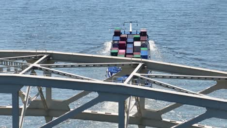 amazone cargo ship crossing under truss bridge over the river noord at alblasserdam, netherlands