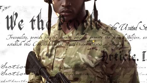 animation of text over african american male soldier with weapon