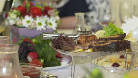 people celebrate holidays at festive dinner. close-up of dining table