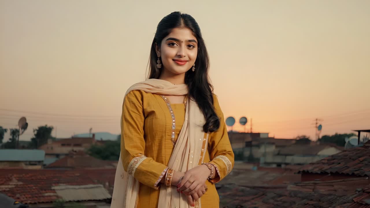 Confident young woman wearing traditional Indian clothing poses on a rooftop during sunset, showcasing a stunning cityscape in the background, bathed in warm orange and yellow hues