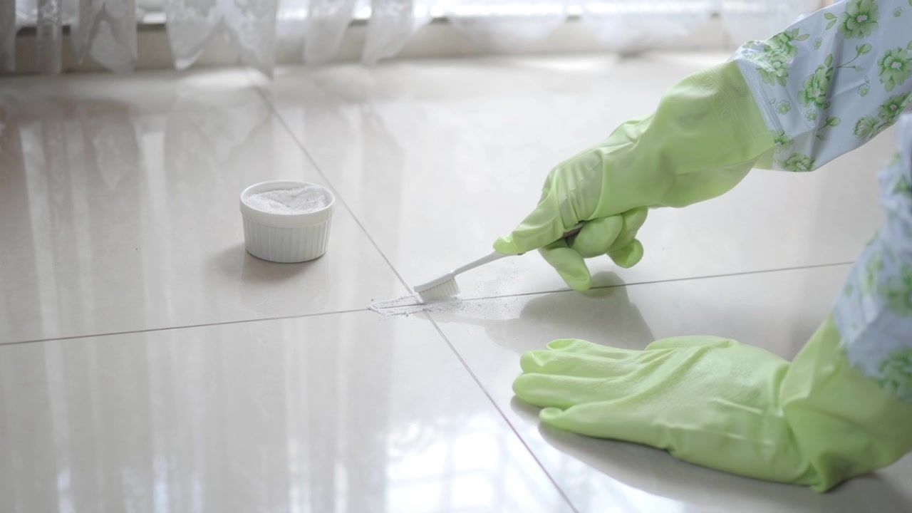 Person Cleaning Tile Grout with Toothbrush and Cleaning Powder