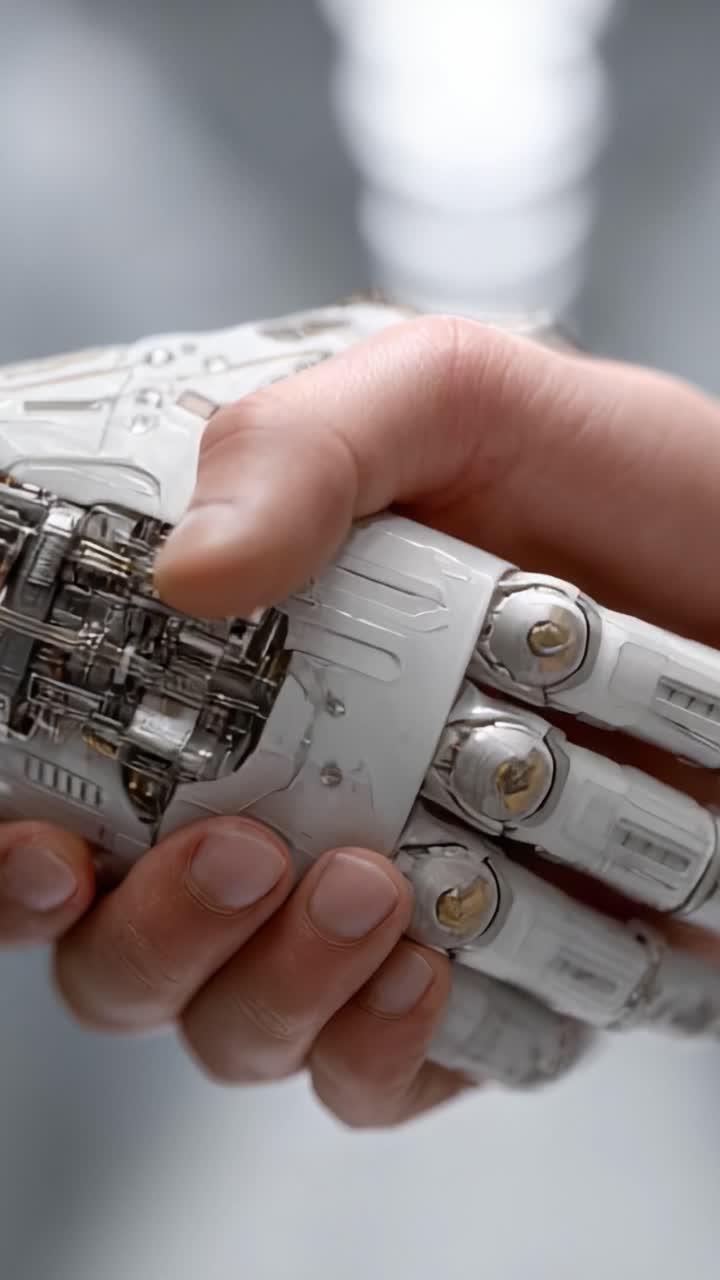 Un incontro ravvicinato tra uomo e macchina: esplorare l'intersezione tra tecnologia e umanità attraverso una stretta di mano con una mano robotica