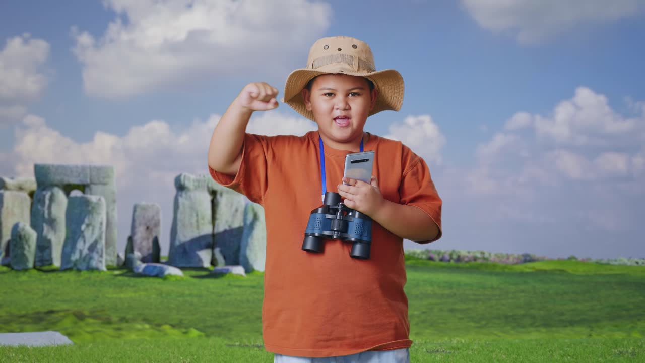 Asian Boy With A Hat And Binoculars Looking At Smartphone Then Screaming Goal Celebrating While Traveling In Stonehenge. Boy Researcher Examines Something, Travel Tourism Adventure Concept