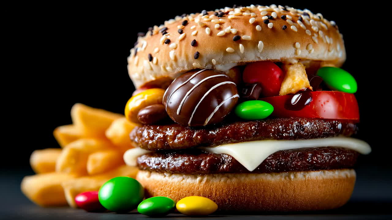 Colorful burger with fries. This dish features a large burger stacked with colorful toppings like candy, tomato, and cheese, served with fries