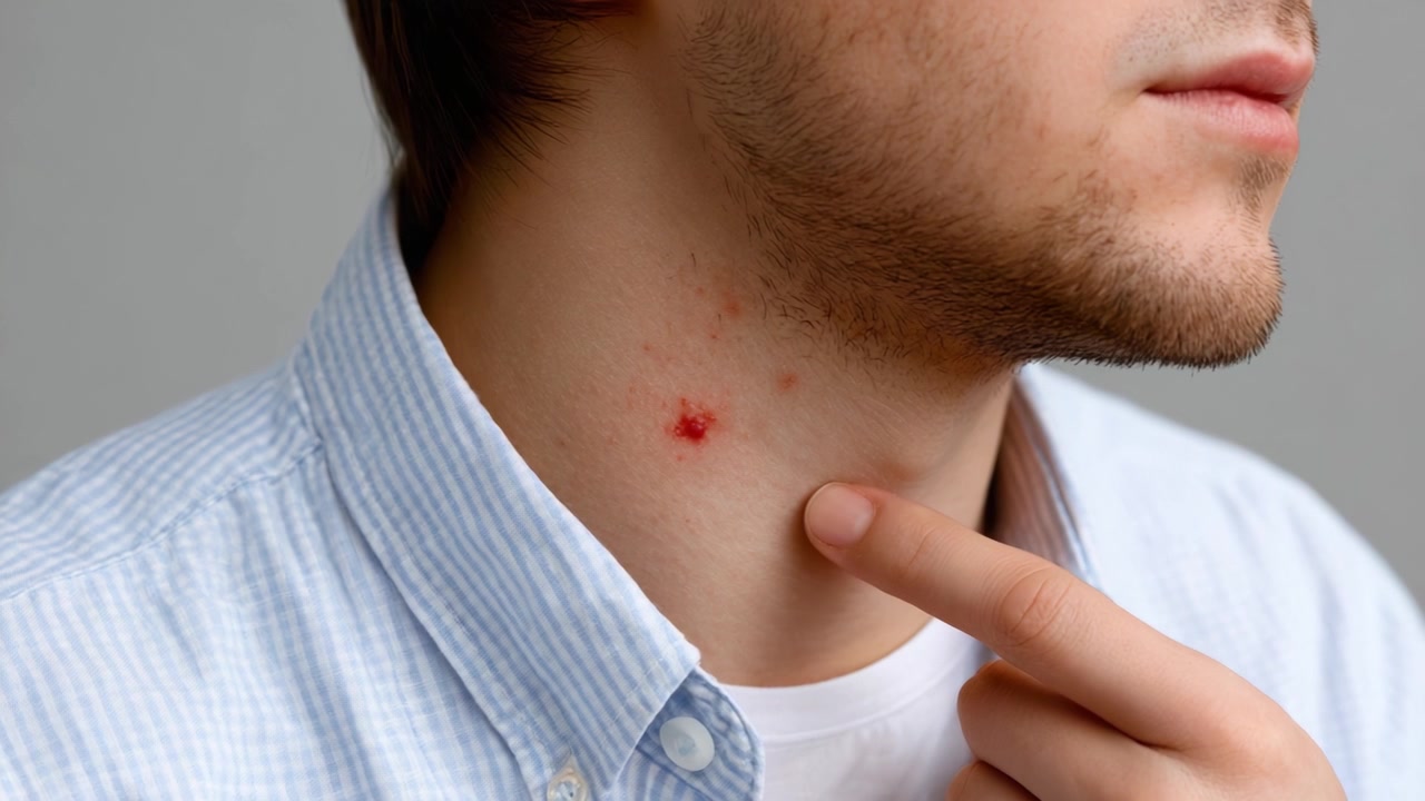 Primo piano di una condizione della pelle: un giovane che esamina un rigonfiamento rosso infiammato sul collo, evidenziando comuni problemi dermatologici e cura personale.