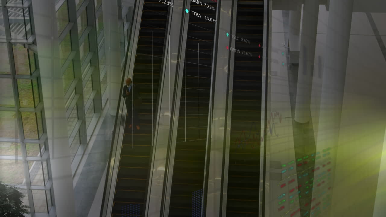 Animation of financial data processing over diverse business people in office