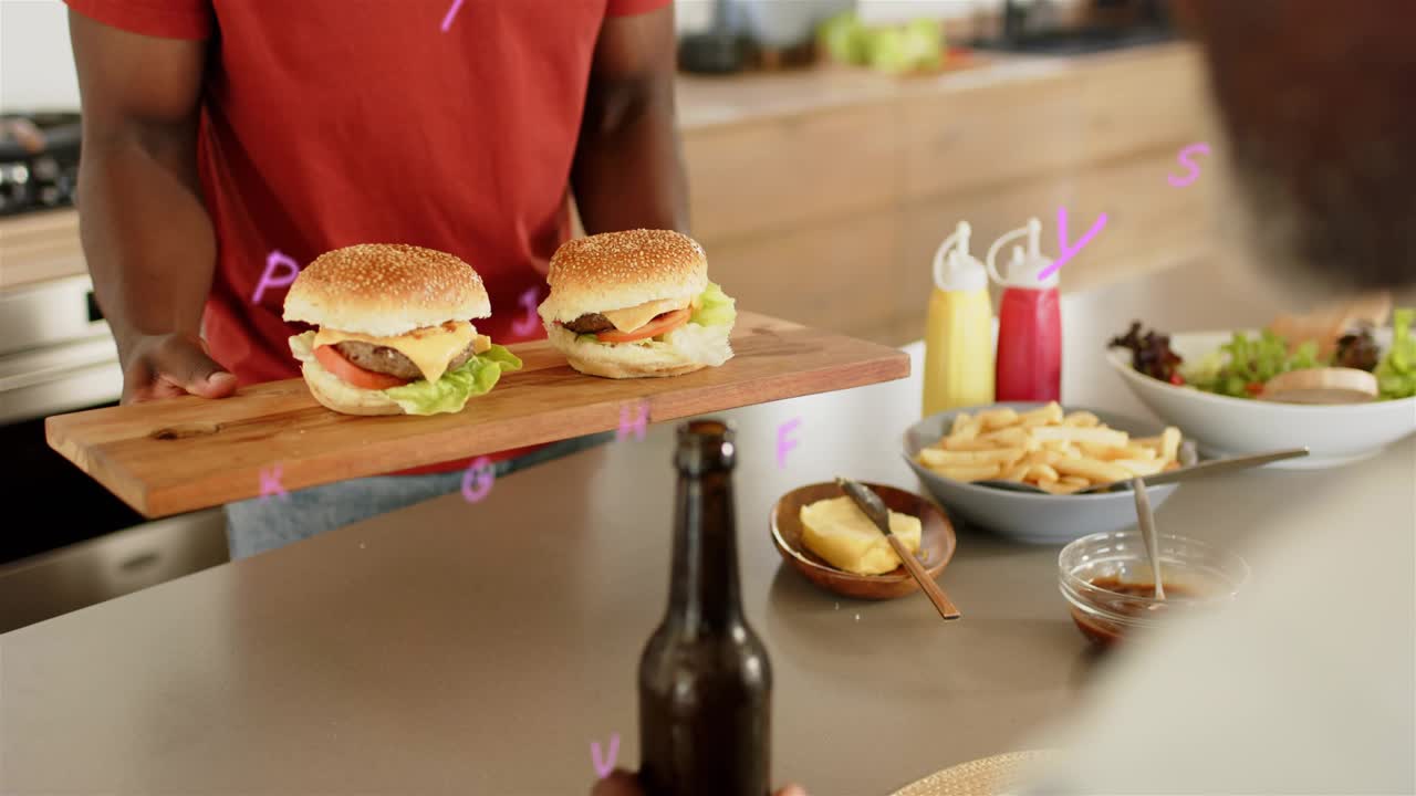Adult man bringing food, serving two burgers to senior holding bottle, purple letters overlay frame