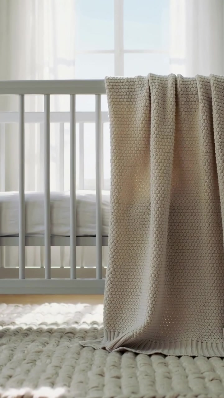 Vertical video: Shifting sunlight moving pale gray crib blanket, sheer curtains and rug at home