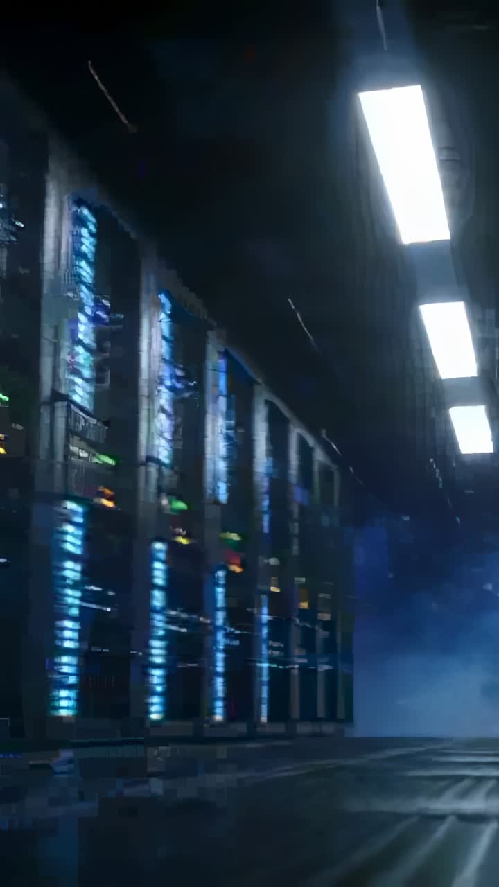 Vertikal video: Panorering langs venstre side af serverracks inde i et datacenter, der afslører blå LED'er og dis