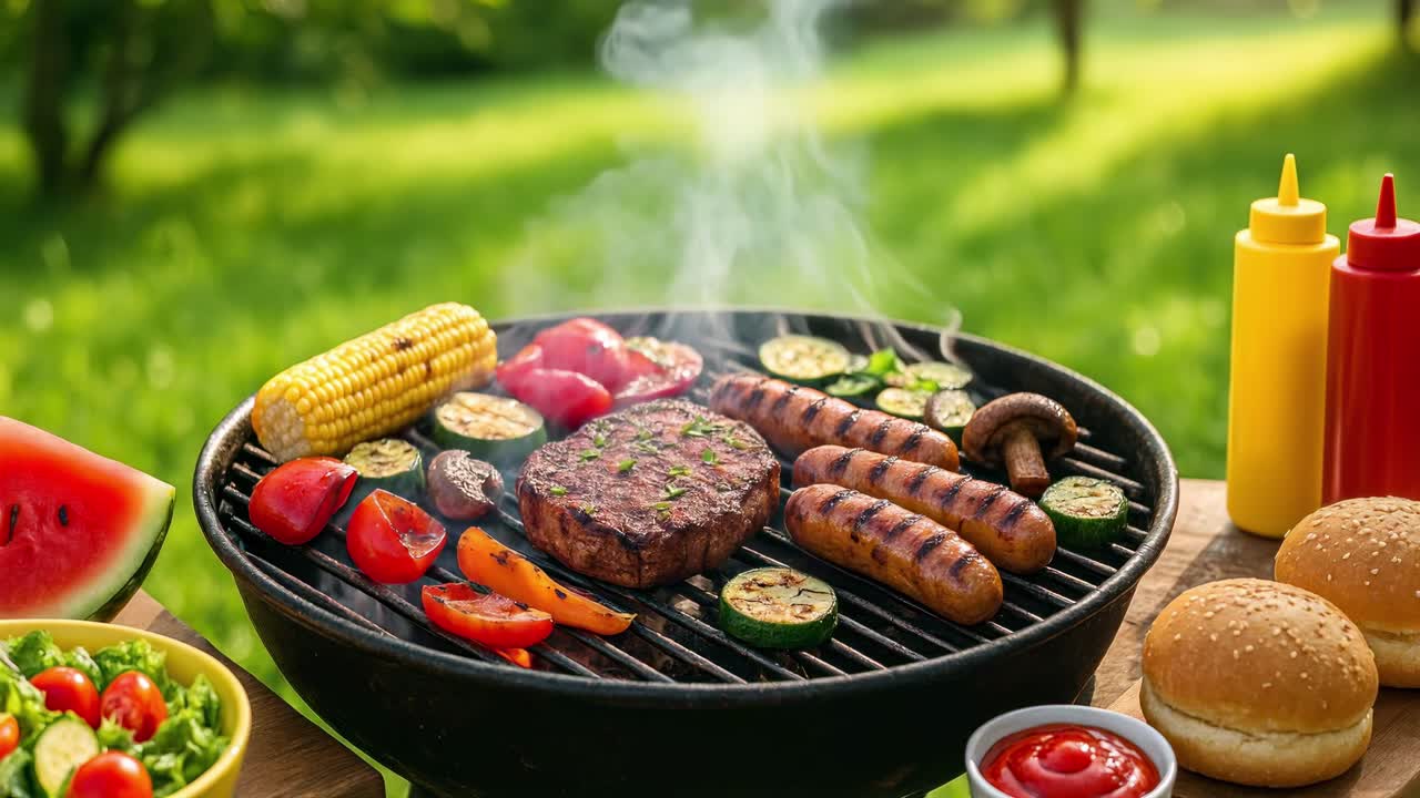 Vista aerea di un barbecue con salsicce, bistecca e verdure