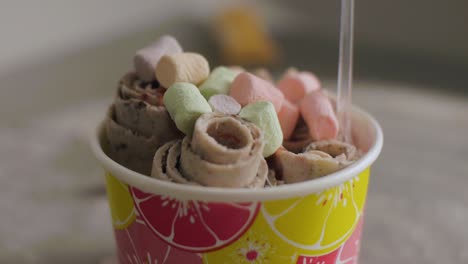 delicious rolled ice cream with marshmallows