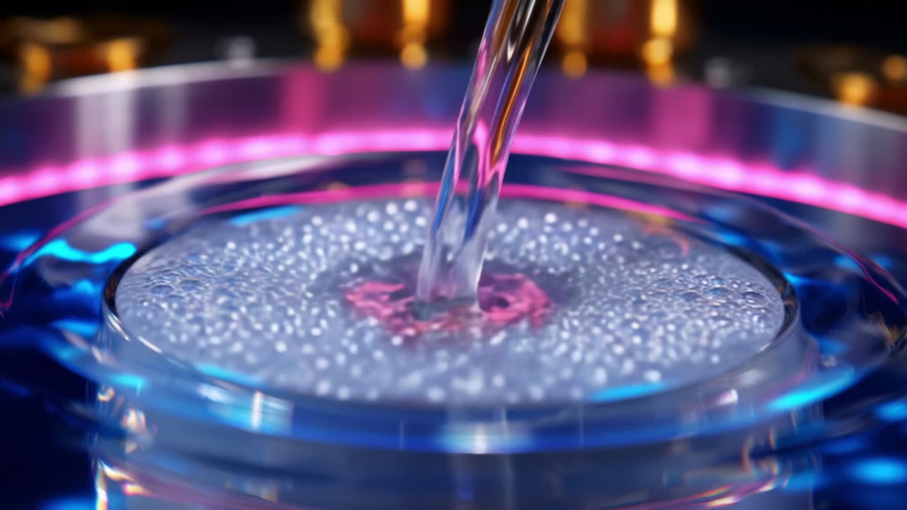 Captivating Liquid Motion: A Close-Up View of Water Flowing and Forming Bubbles on a Surface Enhanced by Colorful Lighting Effects, Showcasing the Beauty of Fluid Dynamics in Motion