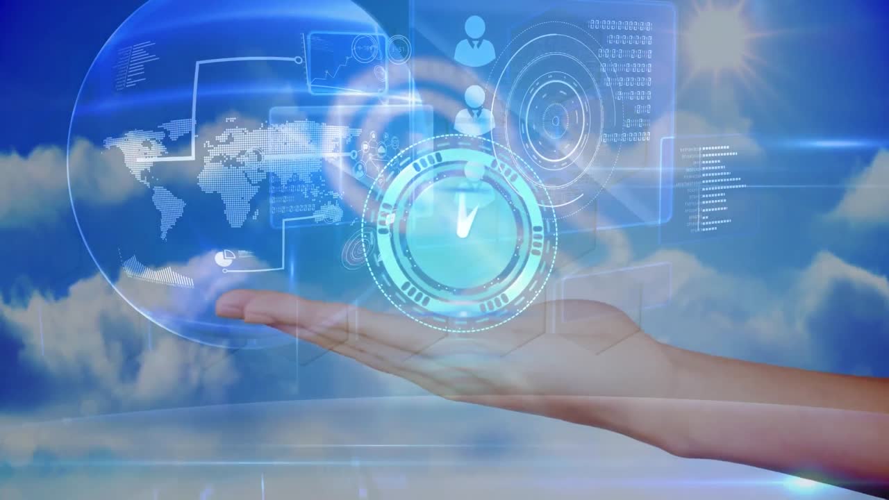 구름 위에 있는 시계, 지구, 코카서스 손의 애니메이션