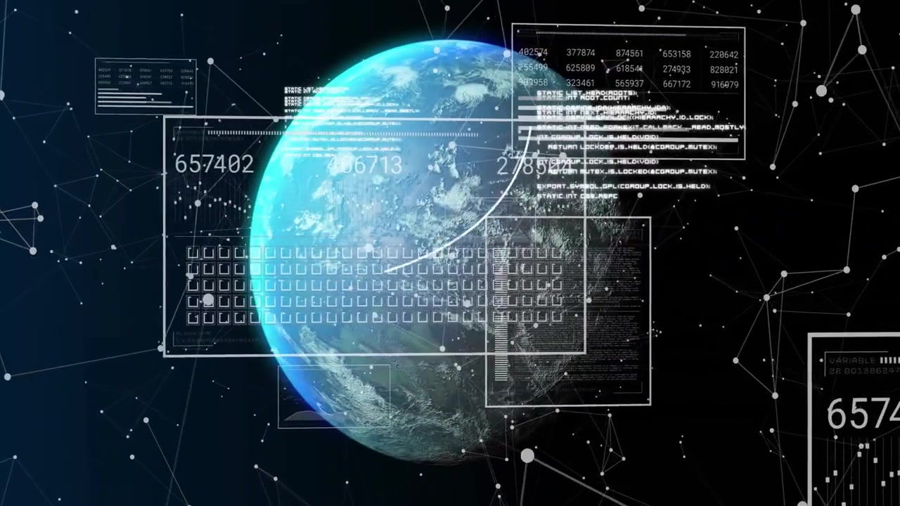 Opening view showing rotating Earth, panels materializing and updating data for network display
