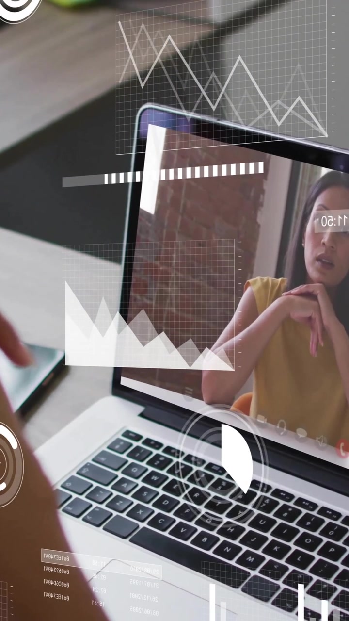 Animation of financial data processing over diverse business people on laptop video call