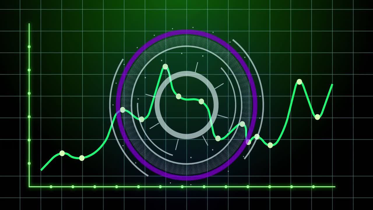 원형 스캐너의 애니메이션과 녹색 배경에 그리드 네트워크를 통해 통계 데이터 처리