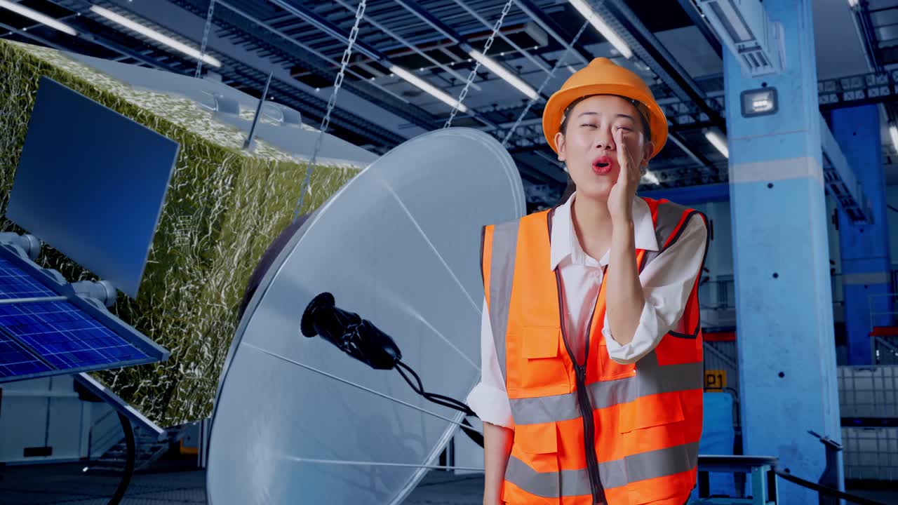 여성 엔지니어가 위성 시설에서 발표를 하고 있습니다.