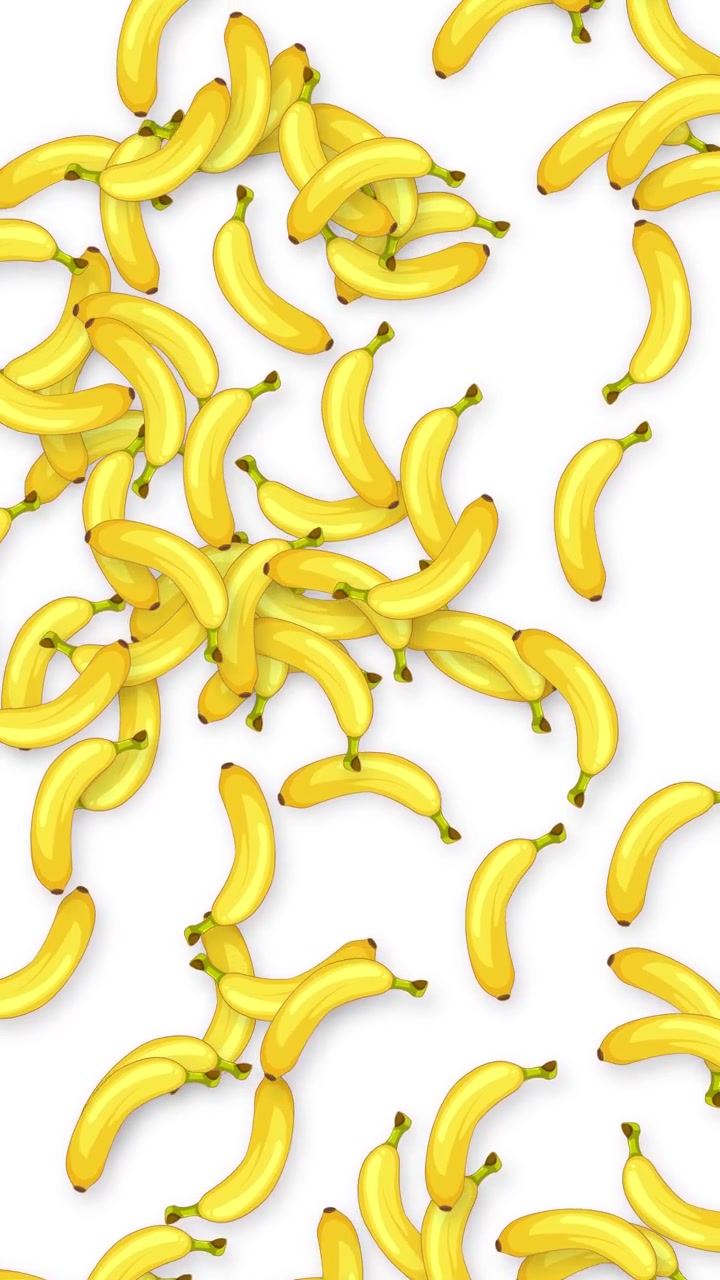 Molte banane gialle che cadono su uno sfondo bianco