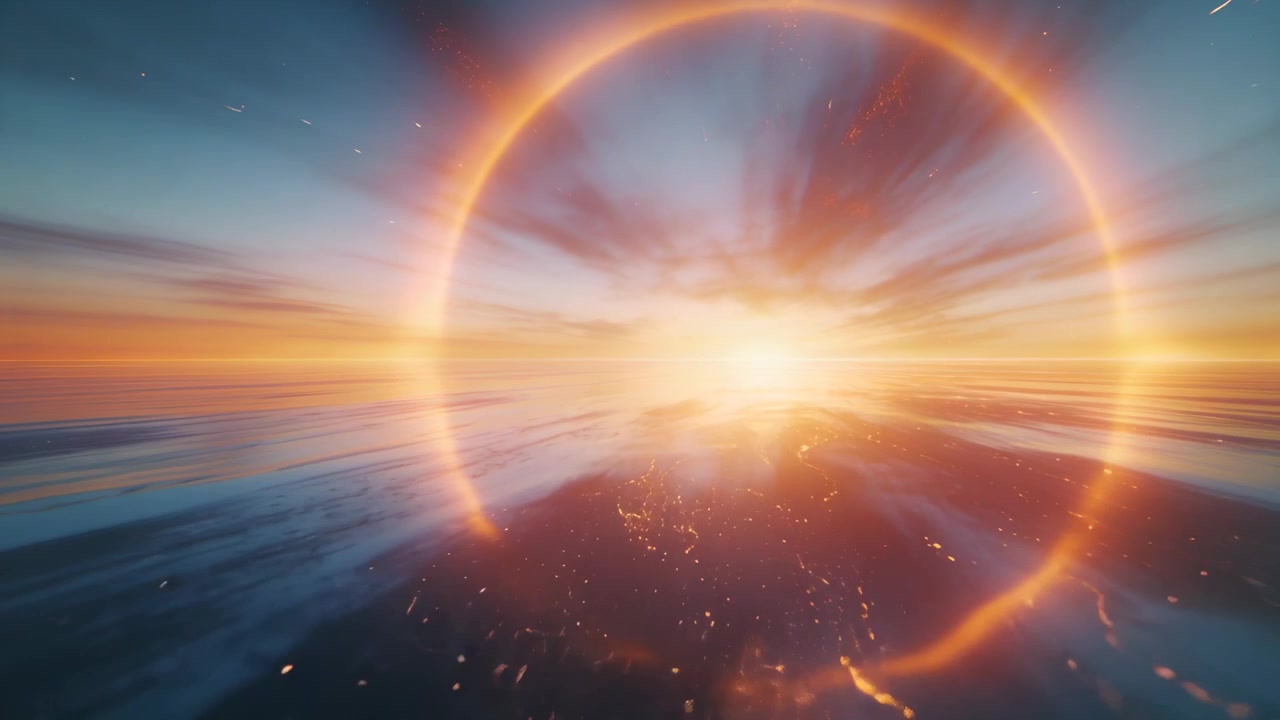 Camera flying into glowing halo at sunrise, sparks trailing over ocean toward coast lights