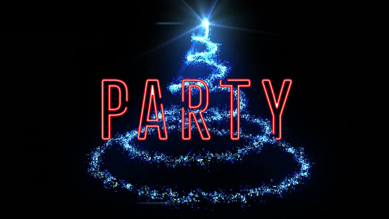 검은색 배경에 있는 밝은 반점 위에 파티 텍스트의 애니메이션