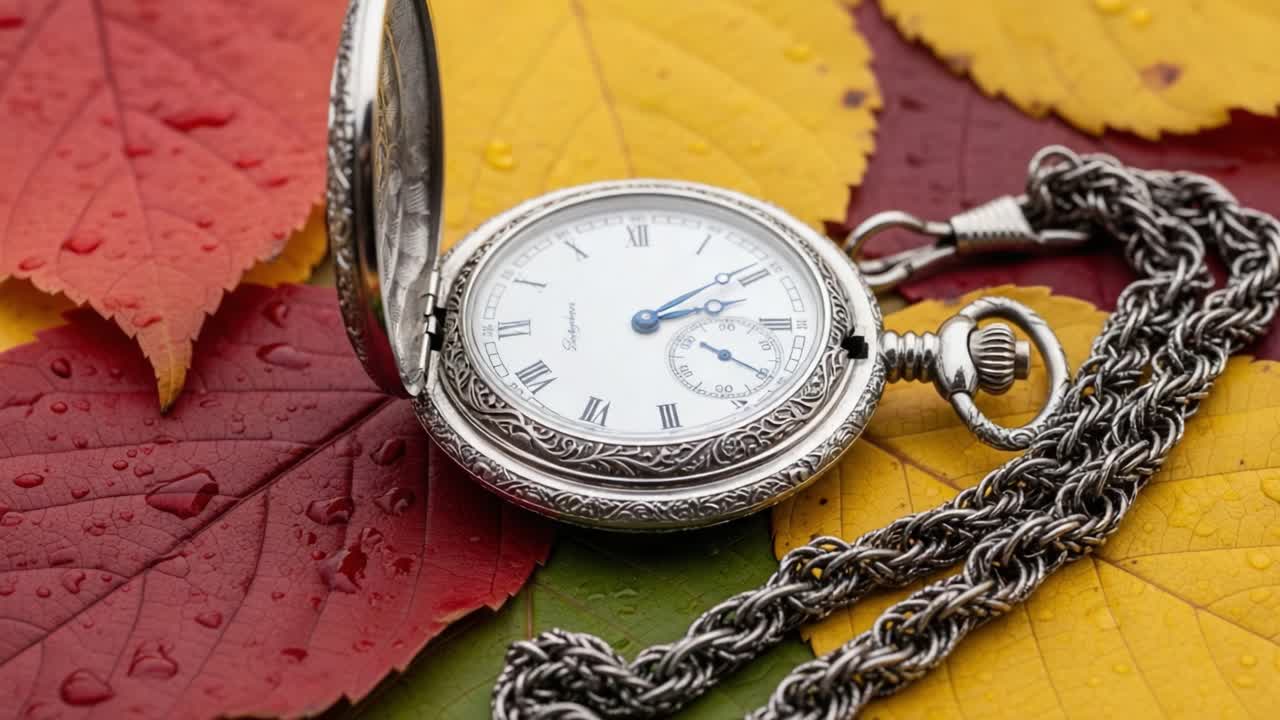 Primo piano di un elegante orologio da taschino su vivaci foglie autunnali che riflettono i colori dell'autunno e il passare del tempo, catturato con dettagli straordinari