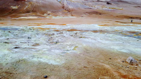 icelandic geothermal field namafjall dji osmo stabilized 4k walk past bubbling mud pots to steam vent fumarole, prorezhq in northern iceland- looks like mars