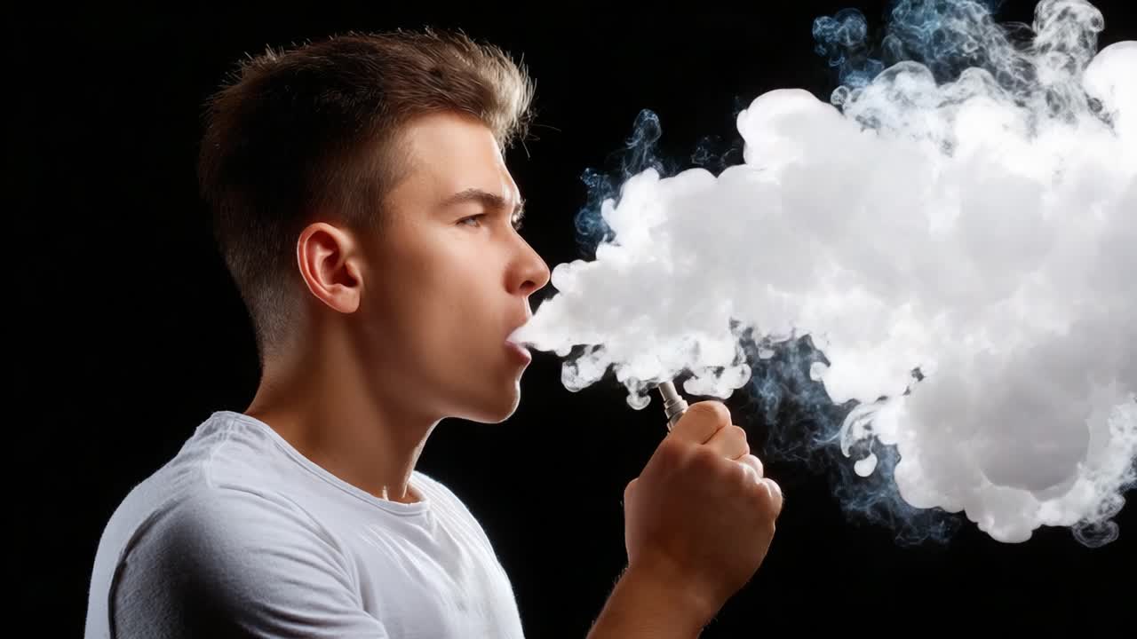 A Young Man Exhaling Dense Vapor Clouds: Capturing the Art of Vaping Expression Through Puffs and Poses in a Striking Black Background