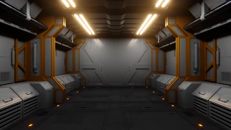 4k abstract motion graphics of flying into sci-fi spaceship hallway, tunnel, corridor. 3d render animation. sci-fi endless futuristic motion background