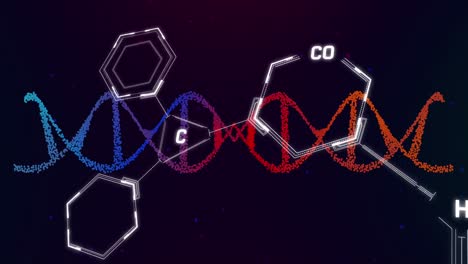 animación de la cadena de adn que gira sobre las estructuras químicas