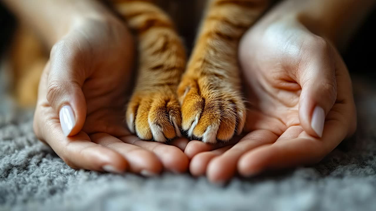 Cat and person holding paws together on a soft rug during a cozy moment at home